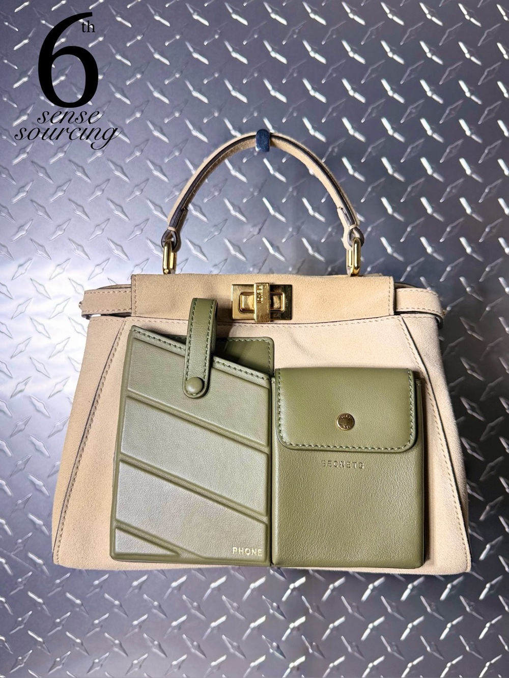 Fendi Mini Peekaboo Suede Utility Pocket Bag in Beige/Green
